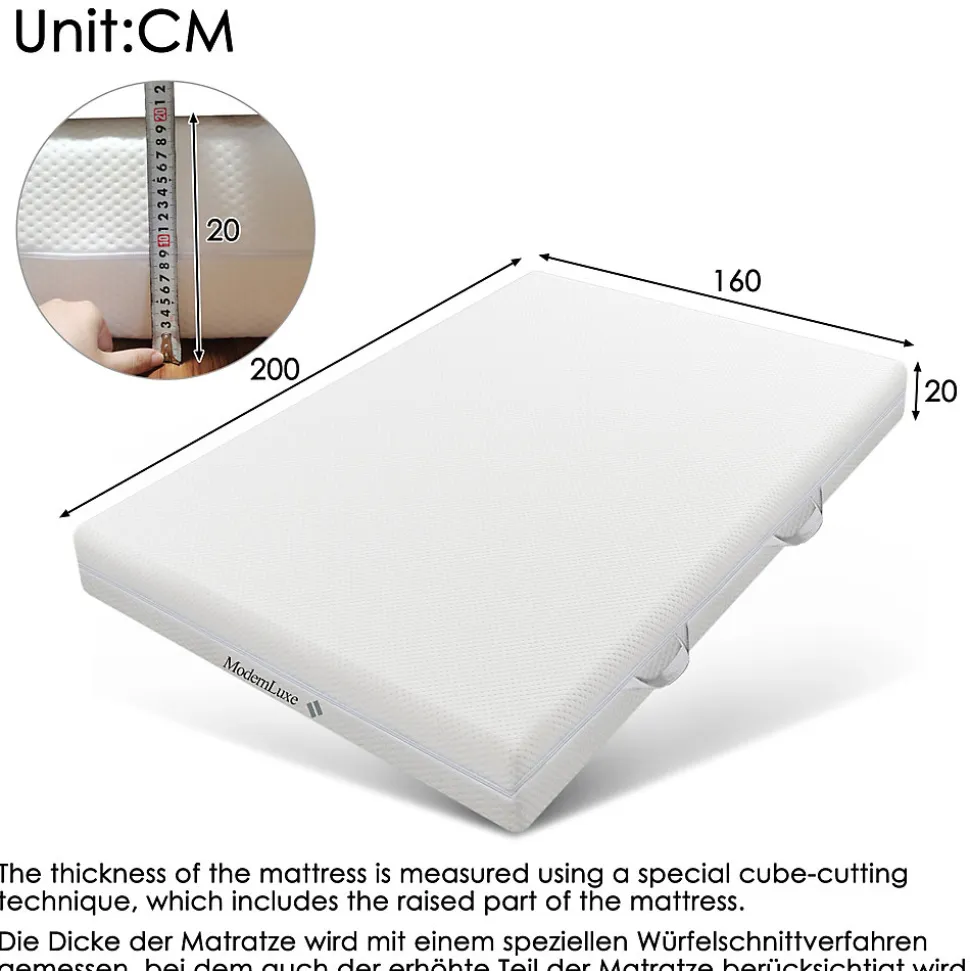 Matelas 160x200 cm - Ergonomique 7 Zones avec Mousse Froide, Confort H2 H3, Housse Amovible Lavable à Fermeture Éclair - Blanc