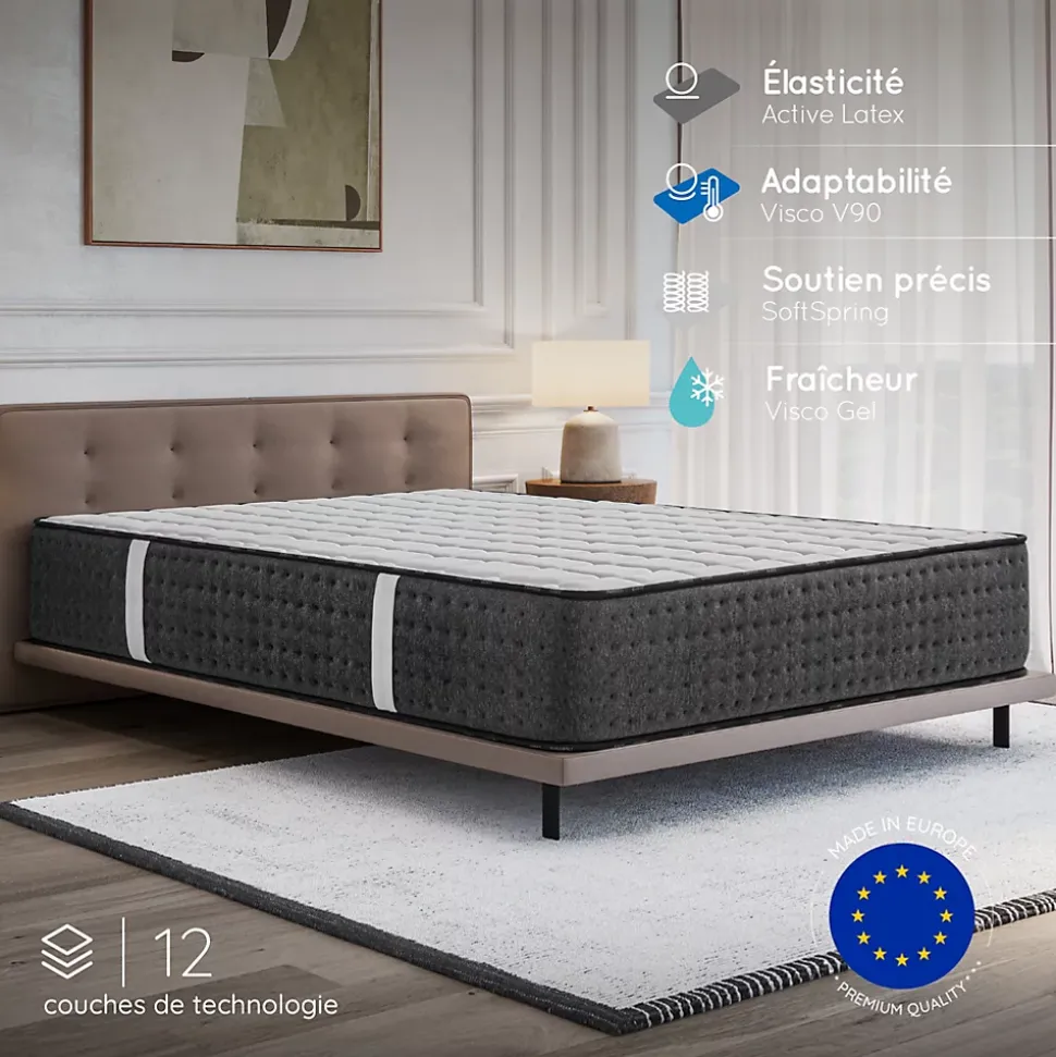 Matelas 160x200 Hybride - Mousse HR - Ressorts ensachés - 30 cm - Réversible - Couchage Indépendant - Blue Latex 7 zones - Equinox