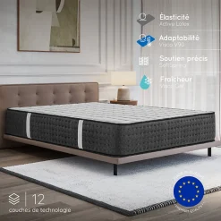 Matelas 140x190 Hybride - Mousse HR - Ressorts ensachés - 30 cm - Réversible - Couchage Indépendant - Blue Latex 7 zones - Equinox