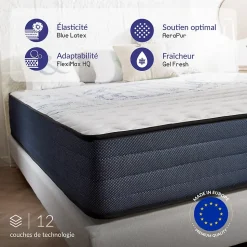 Matelas 160x200 mémoire de forme - Épaisseur 24 cm - Blue Latex - 7 zones - Hypoallergénique - Mi-Ferme - Durable - Perfect Dream