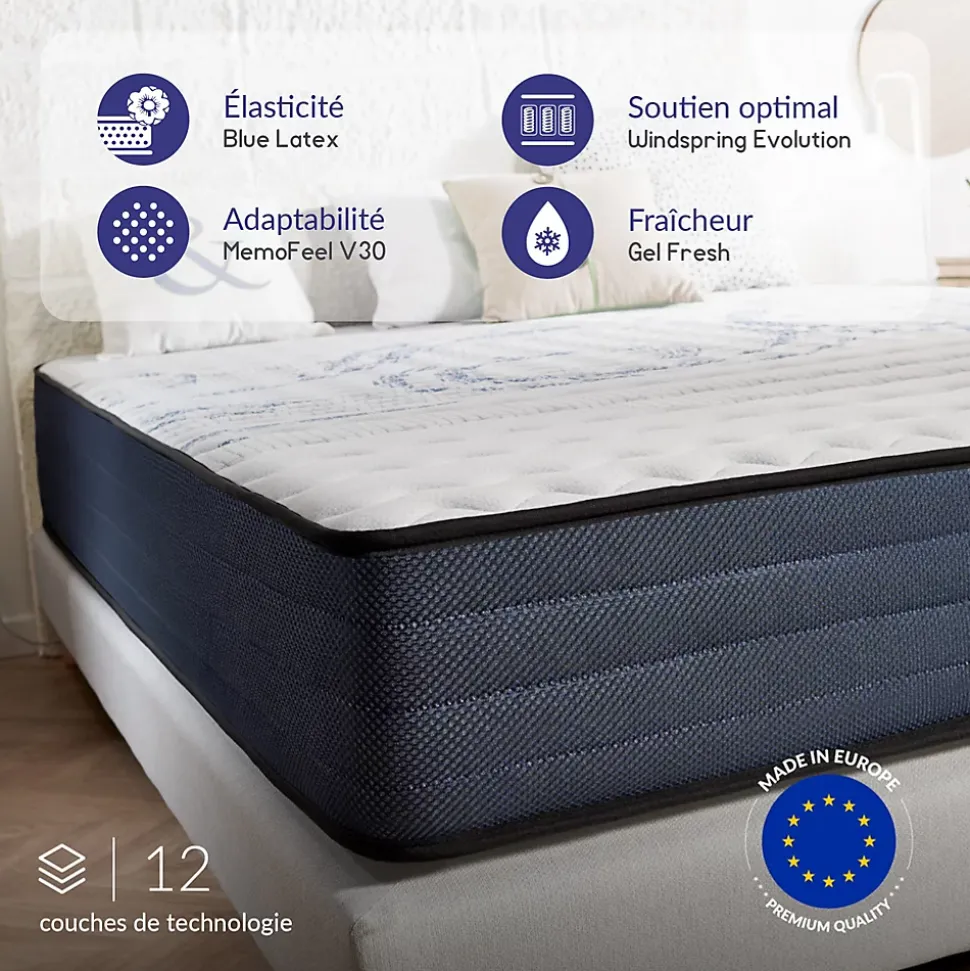 Matelas 160x200 ressorts ensachés - Épaisseur 24 cm - Réversible - Couchage Indépendant - Blue Latex - 7 zones - Perfect Dream