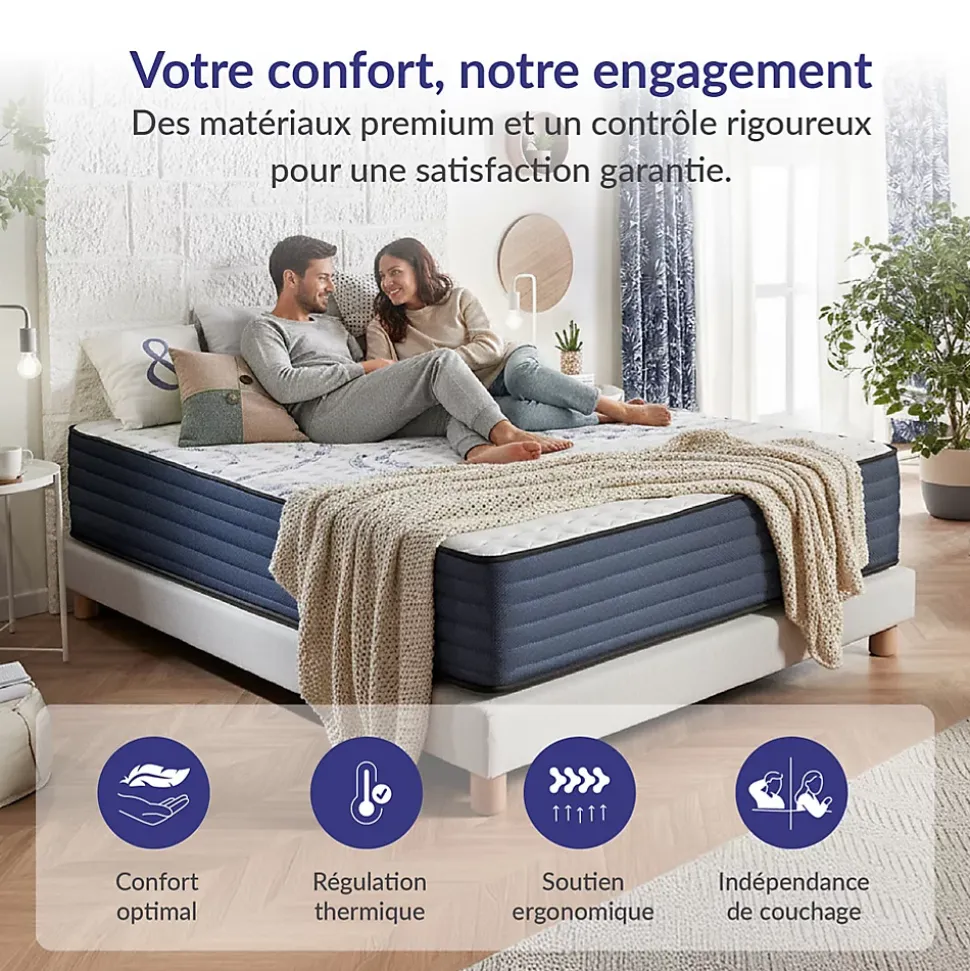 Matelas 160x200 ressorts ensachés - Épaisseur 24 cm - Réversible - Couchage Indépendant - Blue Latex - 7 zones - Perfect Dream
