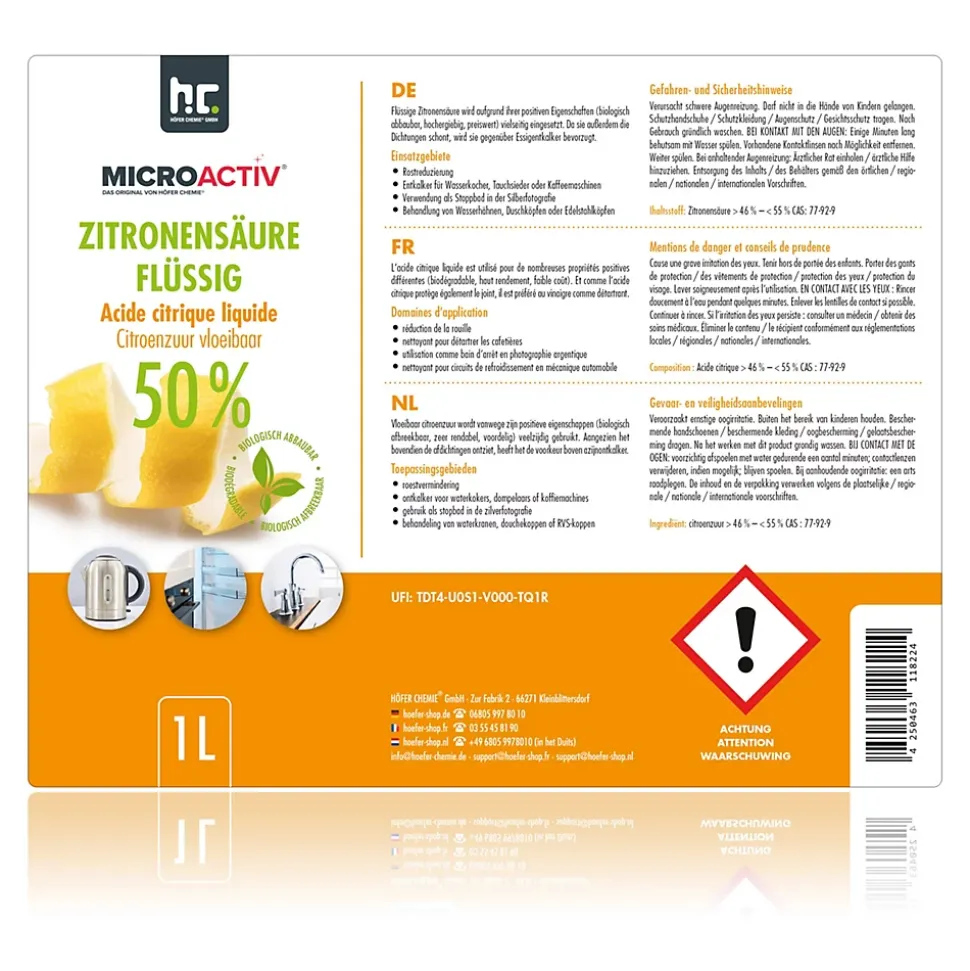 Microactiv Acide Citrique Liquide 50% Détartrant Polyvalent 1 x 15 L, Et Économique