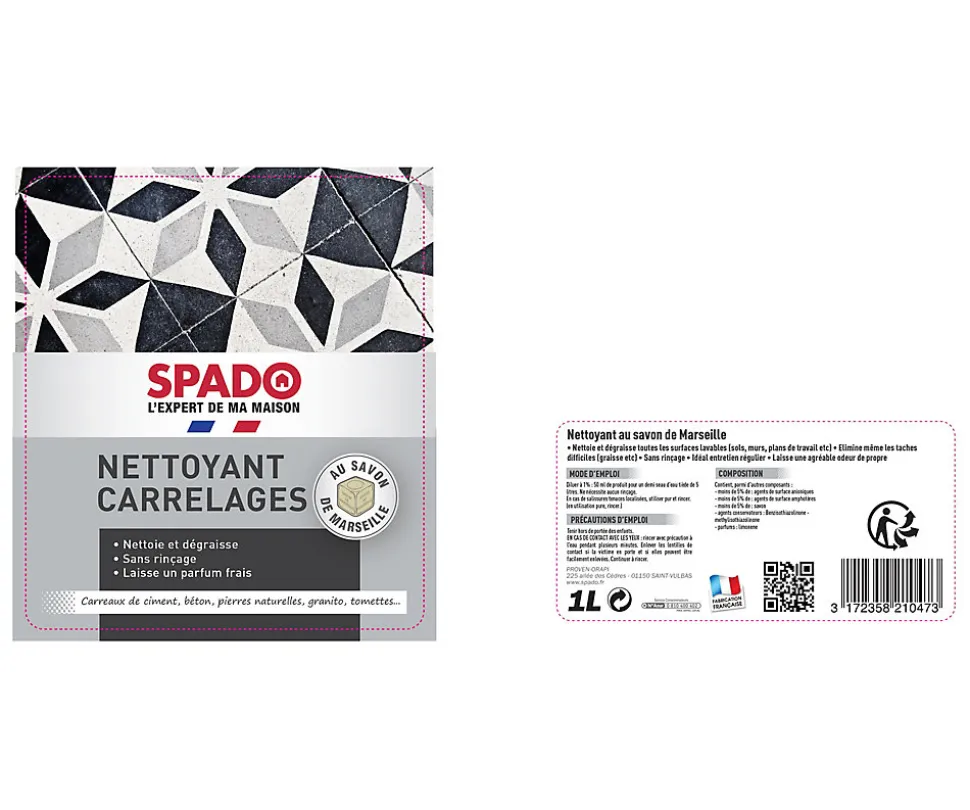 Nettoyant carrelages au savon de Marseille Spado 1L