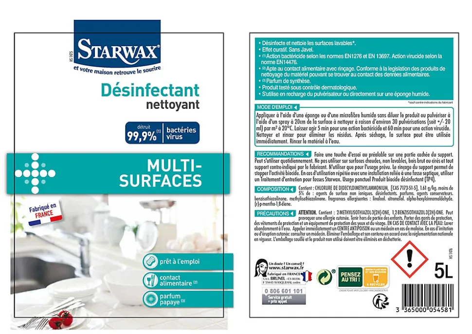 Nettoyant désinfectant multi-surfaces Starwax papaye 5L
