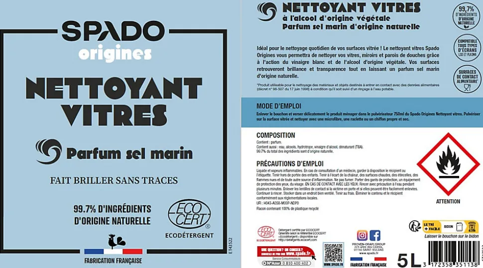 Nettoyant vitres vinaigre 100% naturel Spado Origines gel 5L