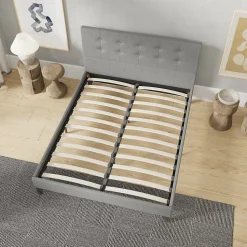 November Sleep Lit 140x200 cm avec tête de lit tissu gris