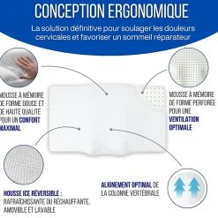 Oreiller ergonomique anti-rides, anti-acouphène - extra grande - 65x42x10 - ERGO