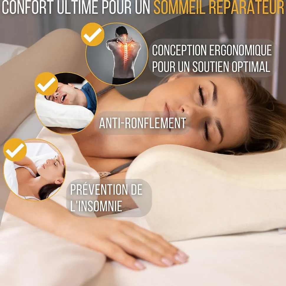 Oreiller ergonomique cervical de luxe deux taies d'oreiller (bambou,coton)