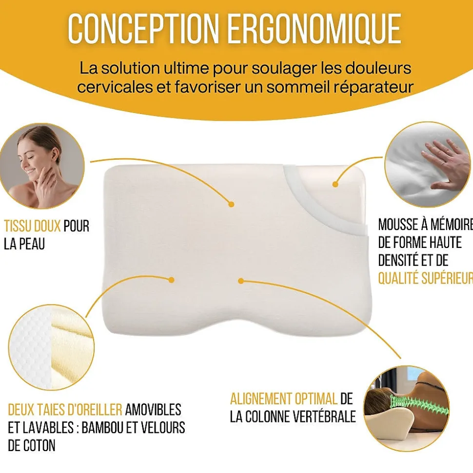 Oreiller ergonomique cervical de luxe deux taies d'oreiller (bambou,coton)
