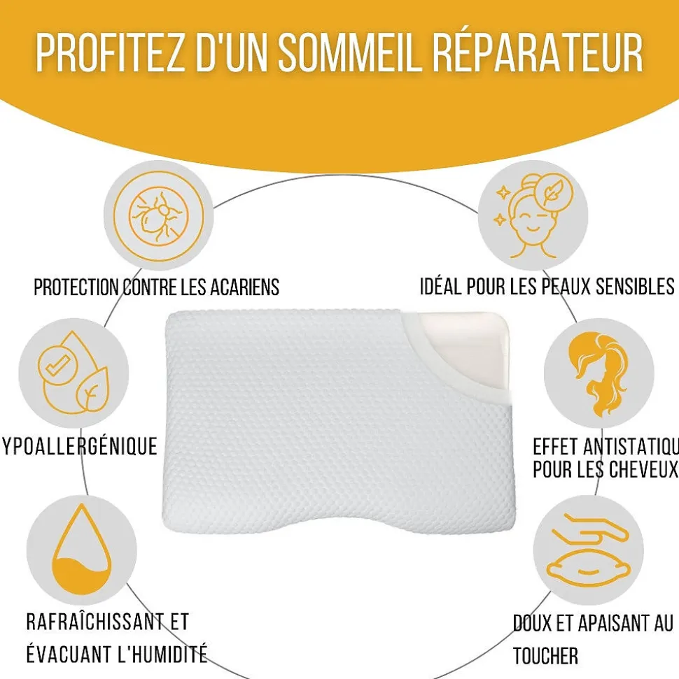 Oreiller ergonomique cervical de luxe deux taies d'oreiller (bambou,coton)