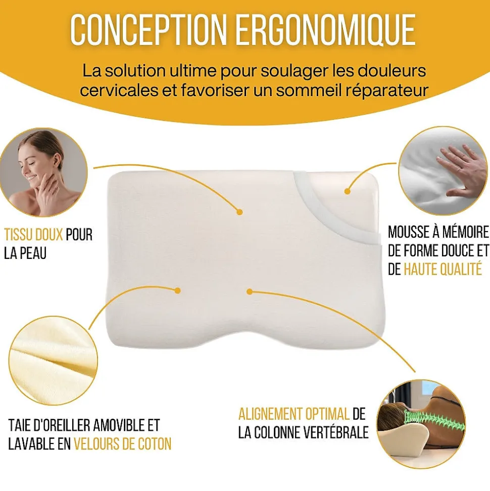 Oreiller ergonomique cervical en mousse à mémoire - taie d'oreiller en coton - 54x33x12 - CONFORT PLUS