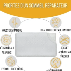 Oreiller extra plat pour personnes qui dorment sur le ventre s 50x30x5,5 taie d'oreiller en bambou INPHYSIO