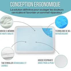 Oreiller gel rafraîchissant rectangulaire double face, ergonomique, mémoire de forme, 60x40 cm