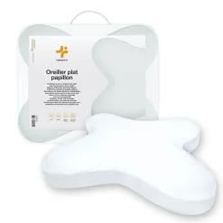 Oreiller papillon plat mémoire de forme, profil bas 10 cm, multiposition, taie coton, 56x46 cm