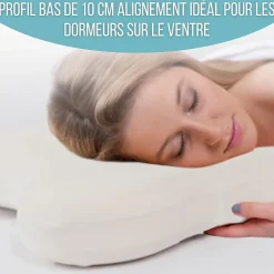 Oreiller papillon plat mémoire de forme, profil bas 10 cm, multiposition, taie coton, 56x46 cm