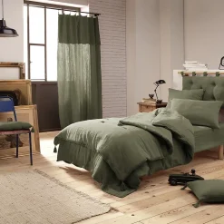 OUREA - Couvre-pied 150x150cm Capitonné Gaze de Coton Romarin Olive