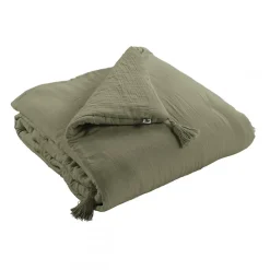 OUREA - Couvre-pied 150x150cm Capitonné Gaze de Coton Romarin Olive