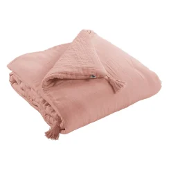 OUREA - Couvre-pied 150x150cm Capitonné Gaze de Coton Rose Pêche