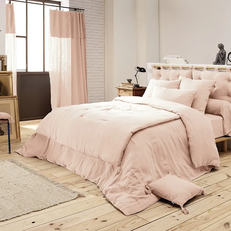 OUREA - Couvre-pied 150x150cm Capitonné Gaze de Coton Guimauve