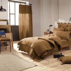 OUREA - Couvre-pied 150x150cm Capitonné Gaze de Coton Camel