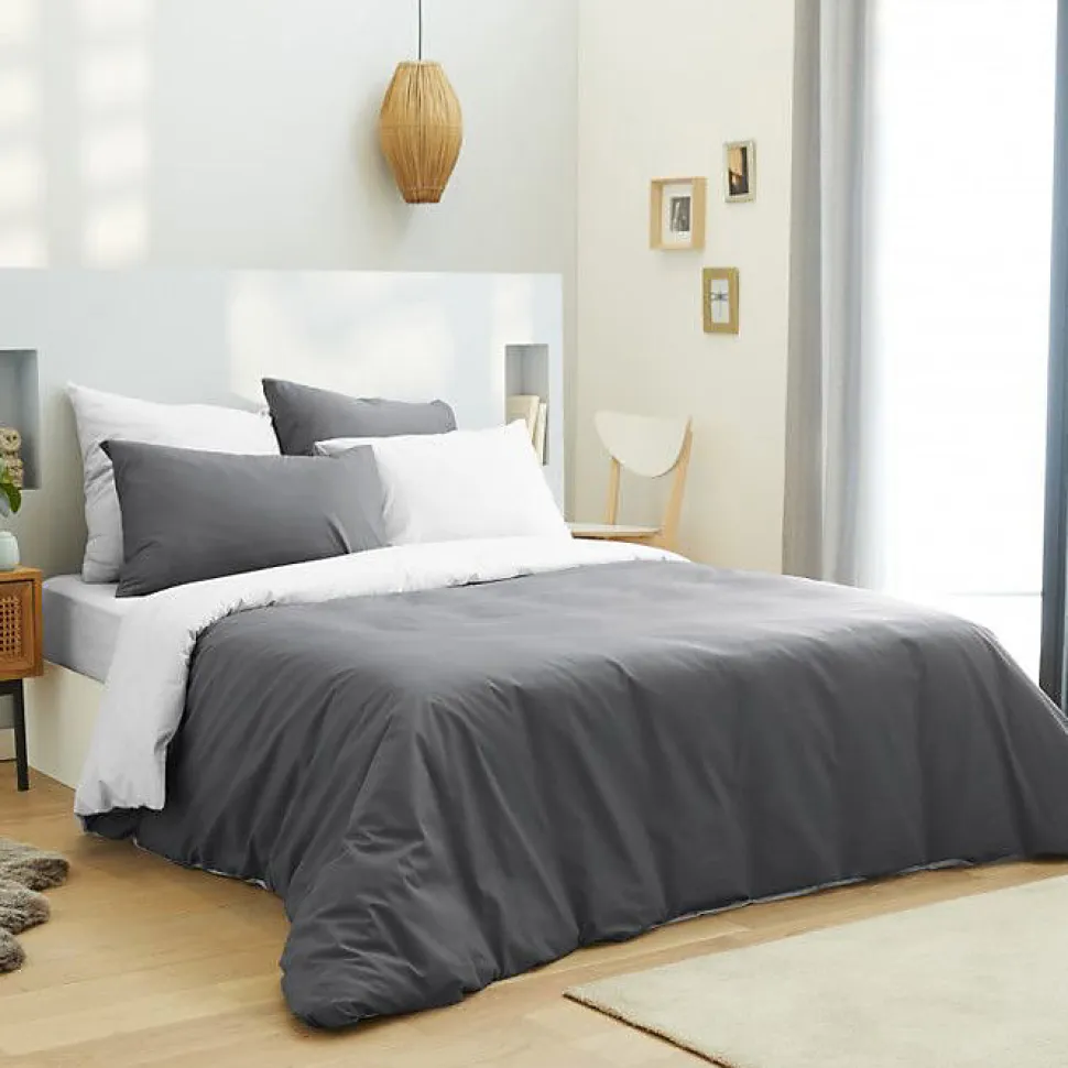 Pack complet 6 pièces Anthracite/Blanc réversible housse de couette pour lit 180 x 200 cm "King size"