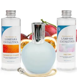 Pack économique Lampe Catalytique Bleu Gris Mat + Parfum Caribbean Passion (500 ml) + Nettoyant Neutre (200 ml) + Mèche Rechange