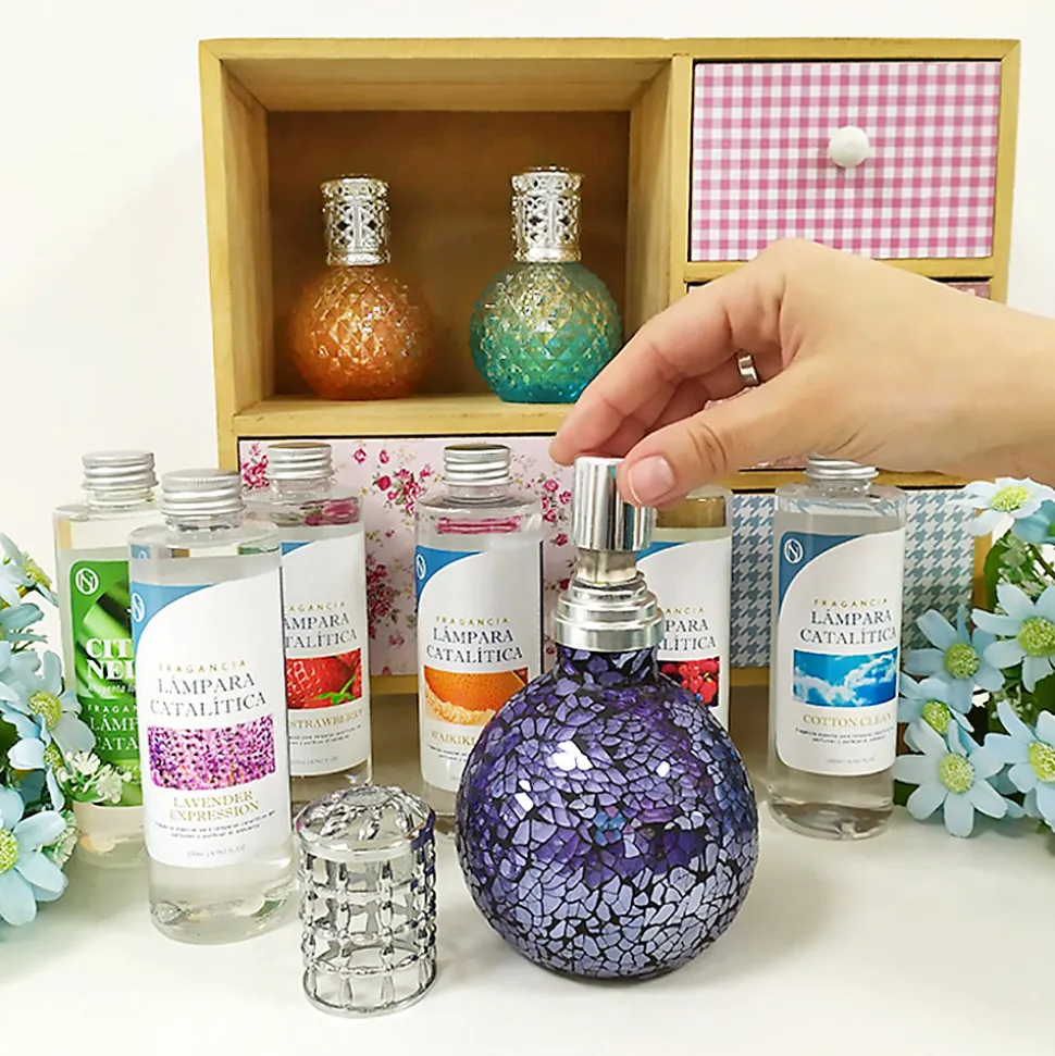 Pack économique Lampe Catalytique Bleu Gris Mat + Parfum Caribbean Passion (500 ml) + Nettoyant Neutre (200 ml) + Mèche Rechange