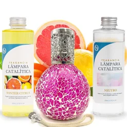 Pack économique Lampe Catalytique Mosaïque Fuchsia + Parfum Winter Citrus (500 ml) + Nettoyant Neutre (200 ml) + Mèche de Rechange