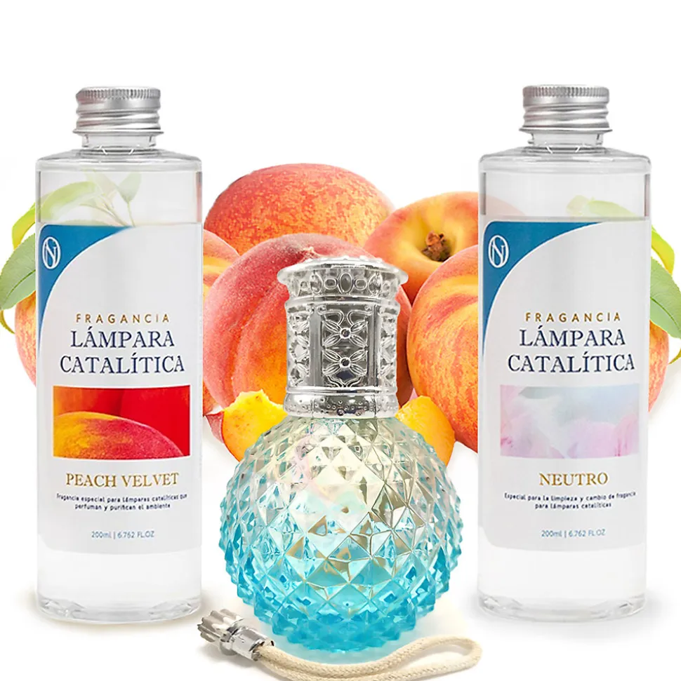 Pack économique Lampe Catalytique Blue Diamonds + Parfum Peach Velvet (500 ml) + Nettoyant Neutre (200 ml) + Mèche de Rechange