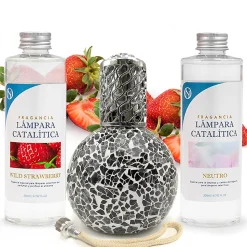Pack économique Lampe Catalytique Mosaïque Noir + Parfum Wild Strawberry (200 ml) + Nettoyant Neutre (200 ml) + Mèche de Rechange