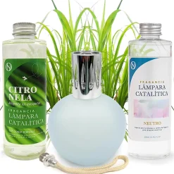 Pack économique Lampe Catalytique Bleu-Gris Mat + Parfum Citronnelle (200 ml) + Nettoyant Neutre (200 ml) + Mèche de Rechange
