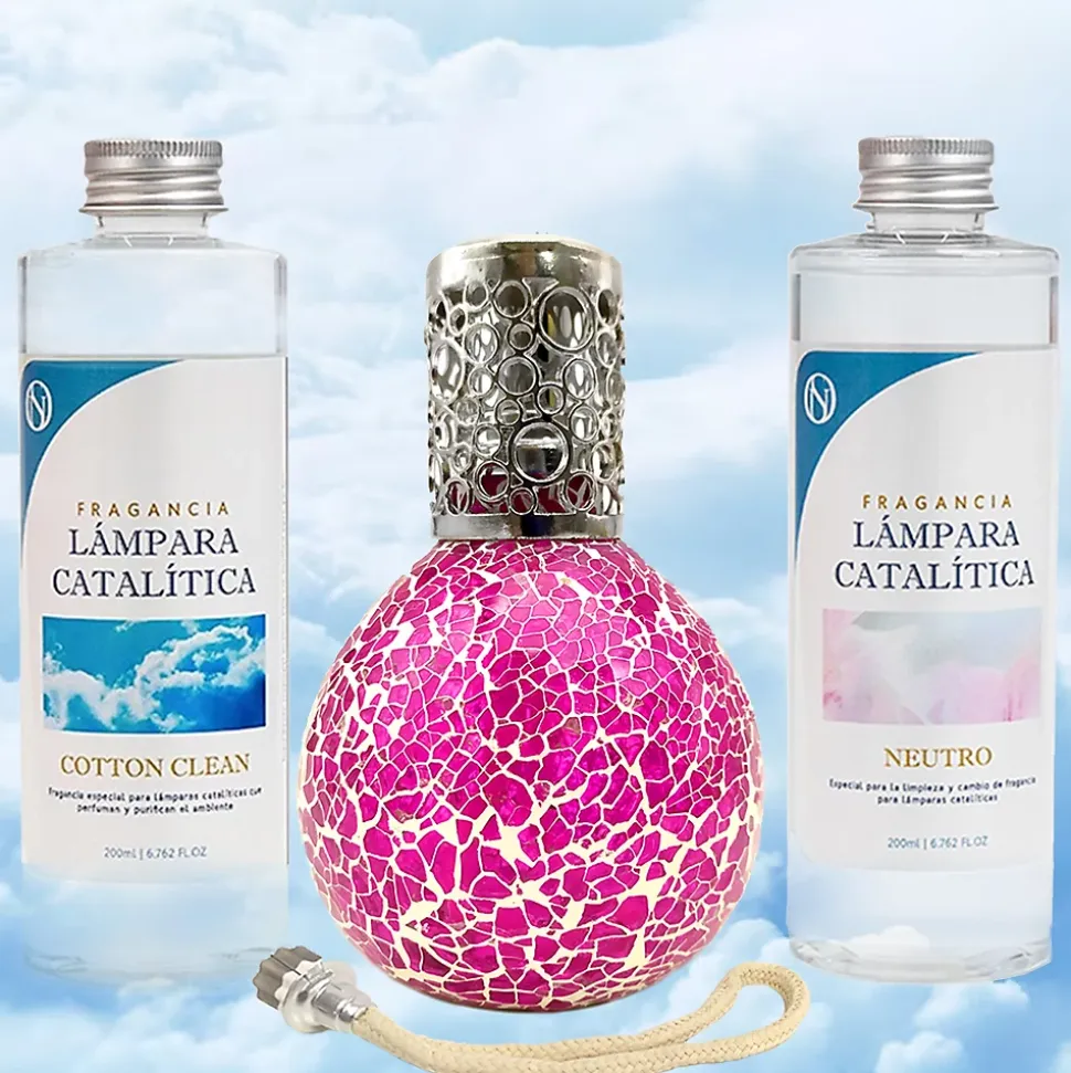 Pack économique Lampe Catalytique Mosaïque Fuchsia + Parfum Cotton Clean (200 ml) + Nettoyant Neutre (200 ml) + Mèche de Rechange