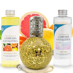 Pack économique Lampe Catalytique Mosaïque Doré + Parfum Winter Citrus (500 ml) + Nettoyant Neutre (200 ml) + Mèche de Rechange