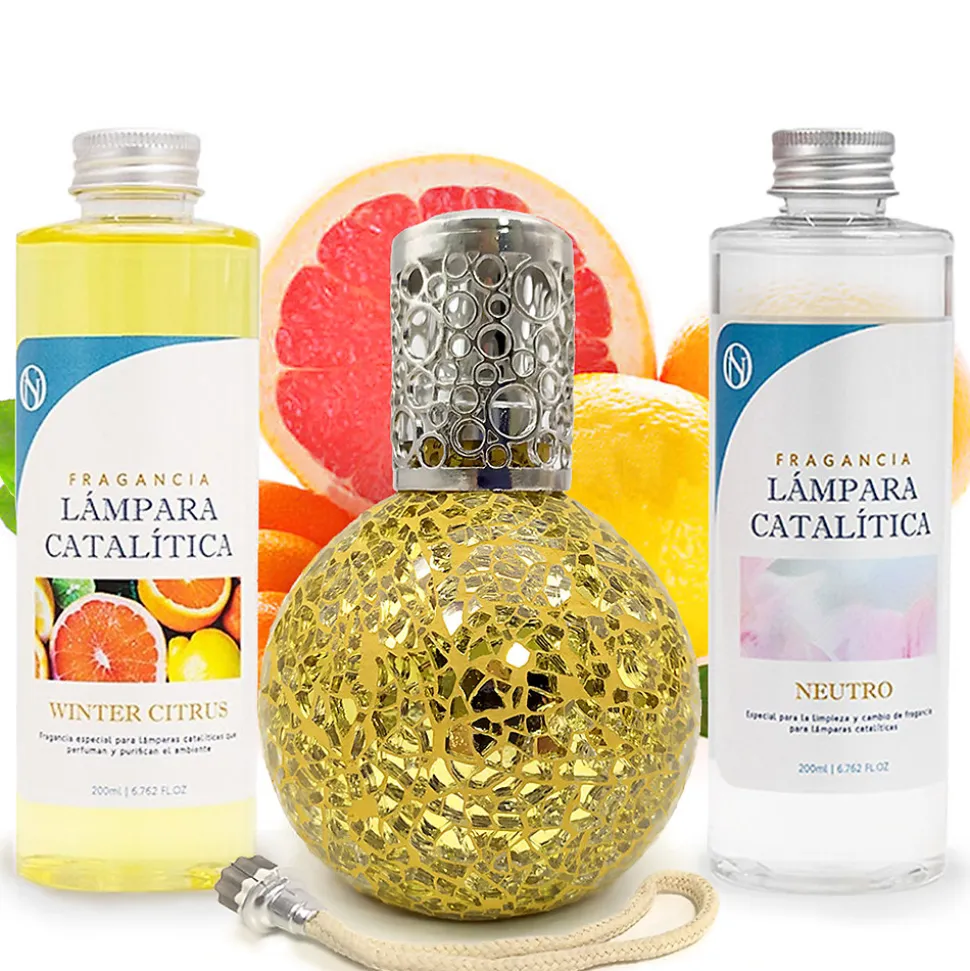 Pack économique Lampe Catalytique Mosaïque Doré + Parfum Winter Citrus (500 ml) + Nettoyant Neutre (200 ml) + Mèche de Rechange