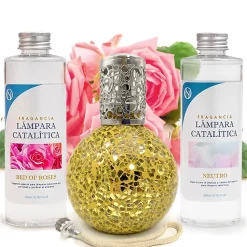 Pack économique Lampe Catalytique Mosaïque Doré + Parfum Bed of Roses (200 ml) + Nettoyant Neutre (200 ml) + Mèche de Rechange