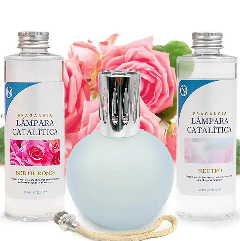 Pack économique Lampe Catalytique Bleu-Gris Mat + Parfum Bed of Roses (200 ml) + Nettoyant Neutre (200 ml) + Mèche de Rechange