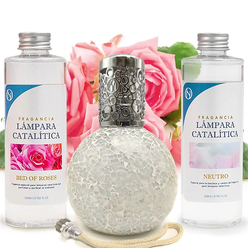 Pack économique Lampe Catalytique Mosaïque Blanc + Parfum Bed of Roses (200 ml) + Nettoyant Neutre (200 ml) + Mèche de Rechange