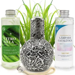 Pack économique Lampe Catalytique Mosaïque Noir + Parfum Citronnelle (200 ml) + Nettoyant Neutre (200 ml) + Mèche de Rechange
