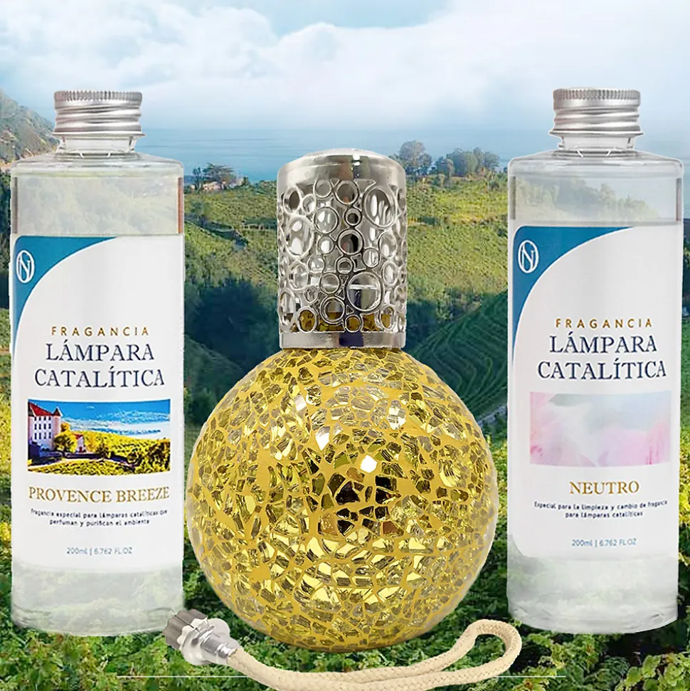 Pack économique Lampe Catalytique Mosaïque Doré + Parfum Provence Breeze (500 ml) + Nettoyant Neutre (200 ml) + Mèche de Rechange