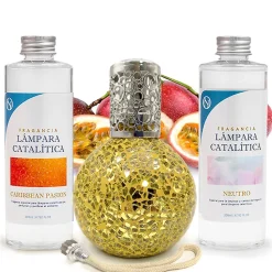 Pack économique Lampe Catalytique Mosaïque Doré + Parfum Caribbean Passion (200 ml) + Nettoyant Neutre (200 ml) + Mèche Rechange