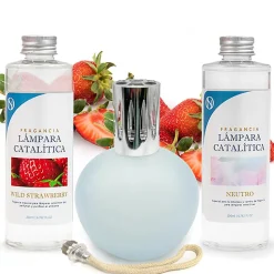 Pack économique Lampe Catalytique Bleu-Gris Mat + Parfum Wild Strawberry (200 ml) + Nettoyant Neutre (200 ml) + Mèche de Rechange