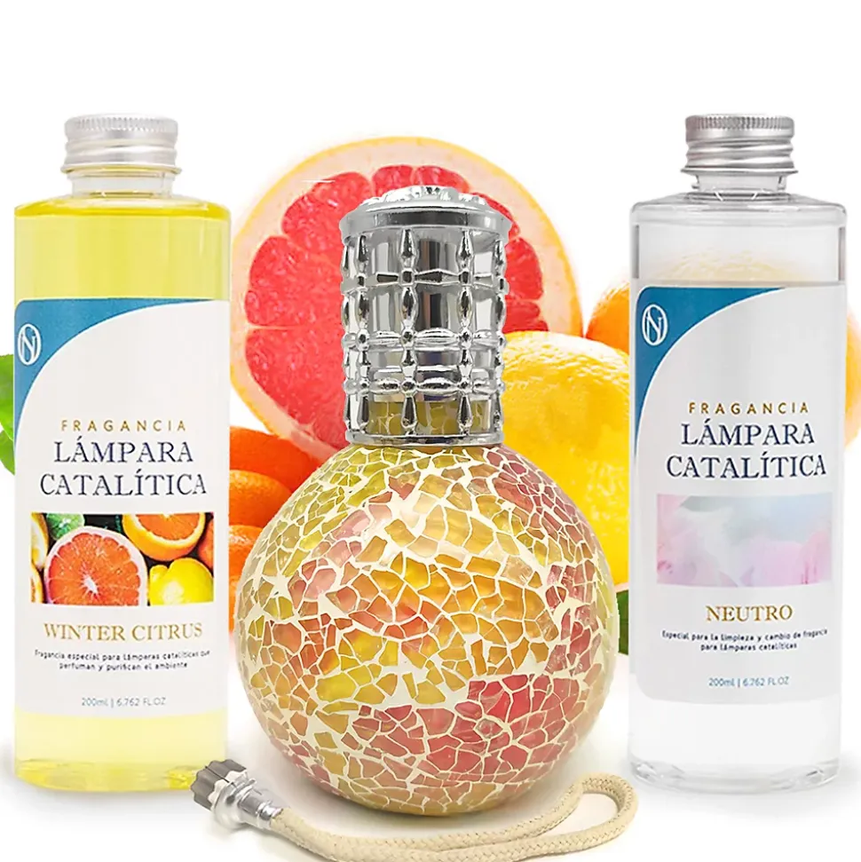 Pack économique Lampe Catalytique Mosaïque Bicolore + Parfum Winter Citrus (500 ml) + Nettoyant Neutre (200 ml) + Mèche Rechange