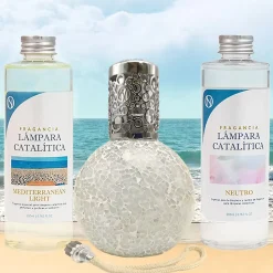 Pack économique Lampe Catalytique Mosaïque Blanc + Parfum Mediterranean Light (200ml) + Nettoyant Neutre (200ml) + Mèche Rechange