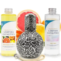 Pack économique Lampe Catalytique Mosaïque Noir + Parfum Winter Citrus (200 ml) + Nettoyant Neutre (200 ml) + Mèche de Rechange