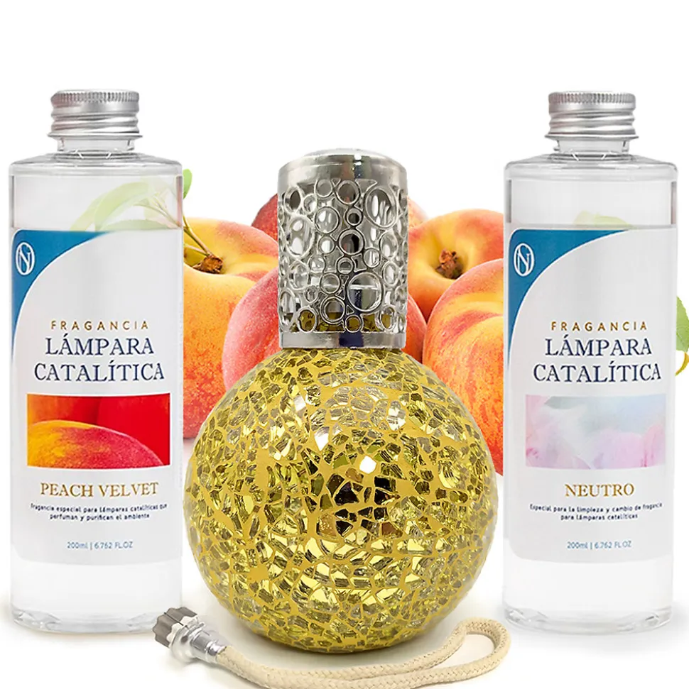 Pack économique Lampe Catalytique Mosaïque Doré + Parfum Peach Velvet (200 ml) + Nettoyant Neutre (200 ml) + Mèche de Rechange
