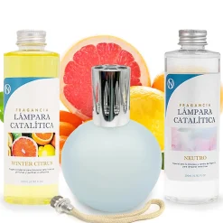 Pack économique Lampe Catalytique Bleu Gris Mat + Parfum Winter Citrus (500 ml) + Nettoyant Neutre (200 ml) + Mèche de Rechange