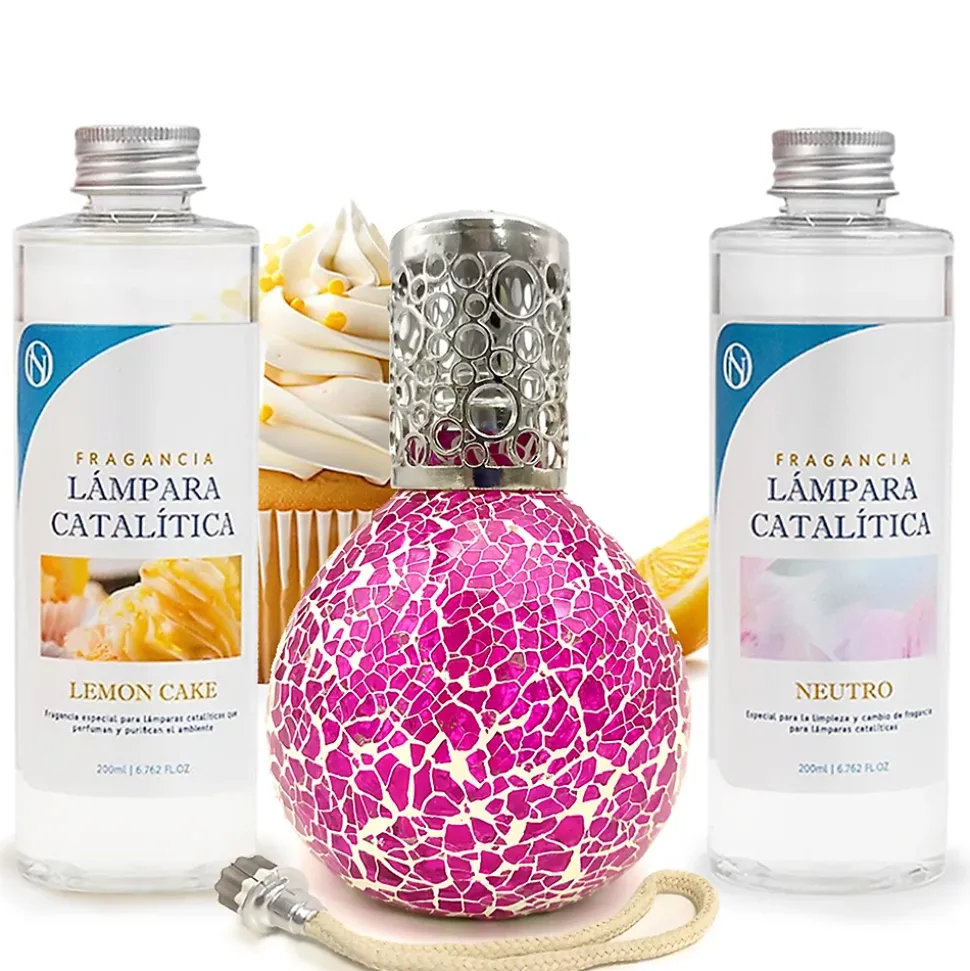 Pack économique Lampe Catalytique Mosaïque Fuchsia + Parfum Lemon Cake (200 ml) + Nettoyant Neutre (200 ml) + Mèche de Rechange