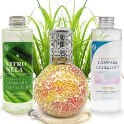 Pack économique Lampe Catalytique Mosaïque Bicolore + Parfum Citronnelle (200 ml) + Nettoyant Neutre (200 ml) + Mèche de Rechange