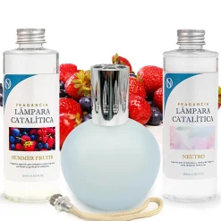 Pack économique Lampe Catalytique Bleu Gris Mat + Parfum Summer Fruits (500 ml) + Nettoyant Neutre (200 ml) + Mèche de Rechange